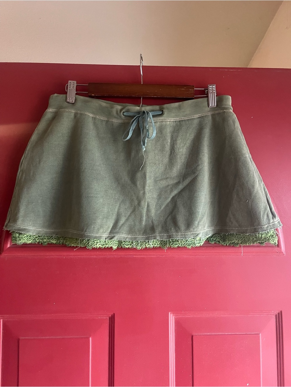 Da-Nang Olive Green Drawstring Mini Skirt with Lace Hem cross posted